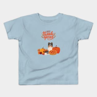 Cute Sheltie with Orange Happy Thanksgiving Sign and Holiday Pie and Pumpkin Kids T-Shirt